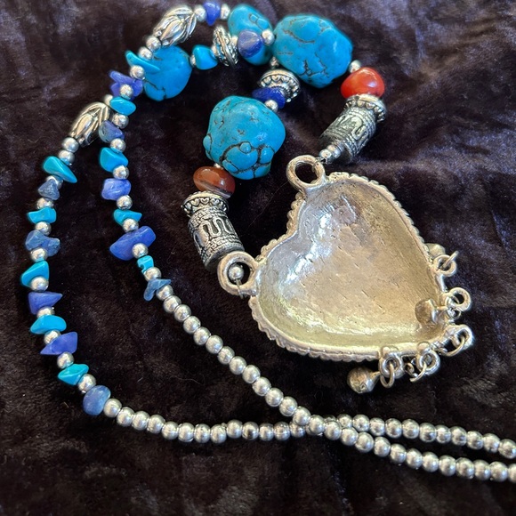 Bohemian Ethnic Statement Necklace Artisan Handmade Lapis Lazuli Turquoise Heart - Picture 4 of 4